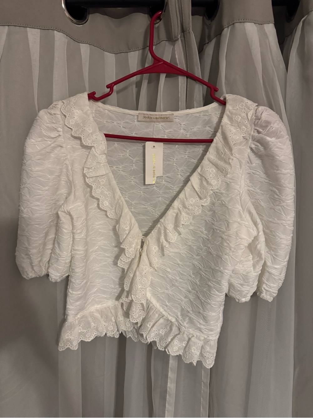 Pookie & Sebastian White Ruffled V-Neck Cotton Top